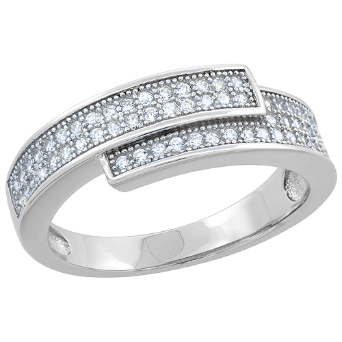 STERLING SILVER MICRO PAVE CZ OVERLAPPING WEDDING BAND, 1/4 INCH WIDE, SIZES 6 - 9