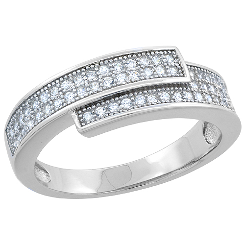 Sterling Silver Micro Pave CZ Overlapping Wedding Band, 1/4 inch wide, sizes 6 - 9