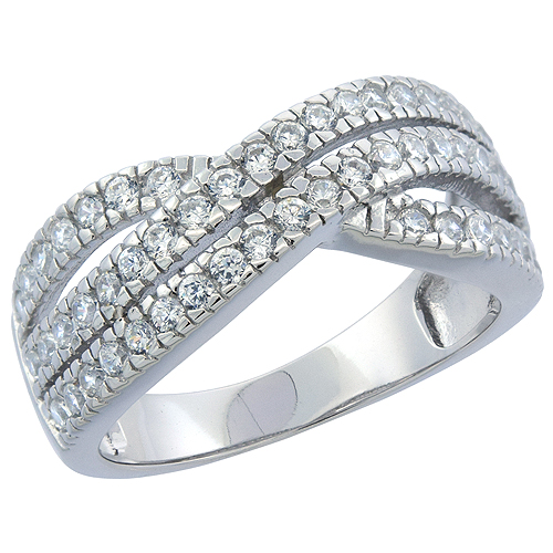 STERLING SILVER MICRO PAVE CZ RIBBON RING 3-ROW RHODIUM FINISH, 5/8 INCH WIDE, SIZES 6 - 9