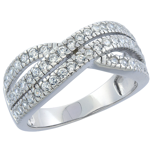 Sterling Silver Micro Pave CZ Ribbon Ring 3-row Rhodium Finish, 5/8 inch wide, sizes 6 - 9