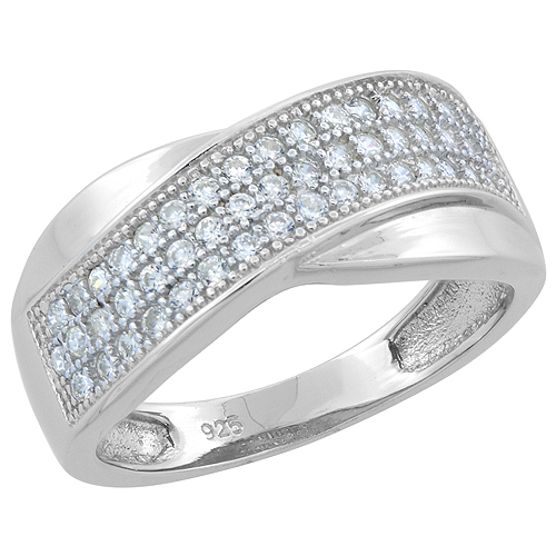 STERLING SILVER MICRO PAVE CZ RIBBON RING RHODIUM FINISH, 5/8 INCH WIDE, SIZES 6 - 9