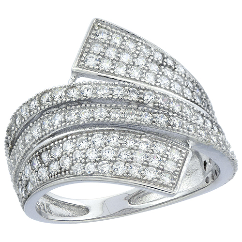 STERLING SILVER MICRO PAVE CZ RIBBON RING, 3/4 INCH WIDE, SIZES 6 - 9
