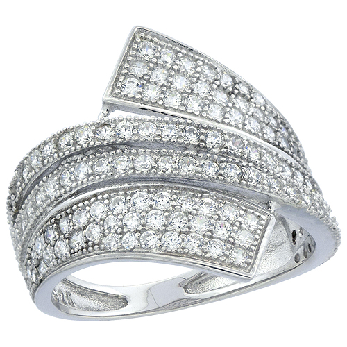 Sterling Silver Micro Pave CZ Ribbon Ring, 3/4 inch wide, sizes 6 - 9