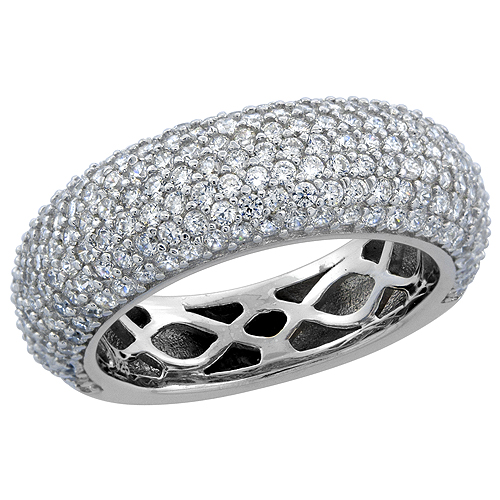 STERLING SILVER MICRO PAVE CZ DOMED WEDDING BAND, 5/16 INCH WIDE, SIZES 6 - 9