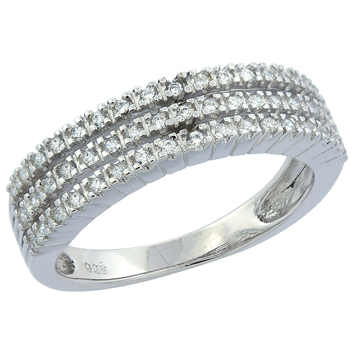 STERLING SILVER MICRO PAVE CZ WEDDING BAND TRI-SPLIT SHANK, 7/32 INCH WIDE, SIZES 6 - 9