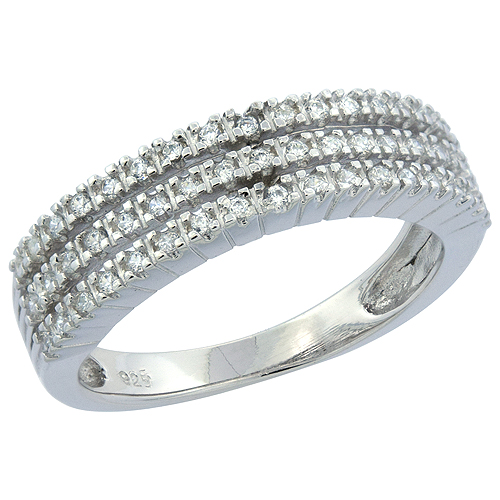 Sterling Silver Micro Pave CZ Wedding Band Tri-split Shank, 7/32 inch wide, sizes 6 - 9