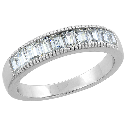 STERLING SILVER EMERALD-CUT CZ CHANNEL WEDDING BAND MILLGRAIN-EDGED RHODIUM FINISH, 1/8 INCH WIDE, SIZES 6 - 9