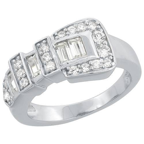 STERLING SILVER CZ BELT BUCKLE RING RHODIUM FINISH, 3/8 INCH WIDE, SIZES 6 - 9