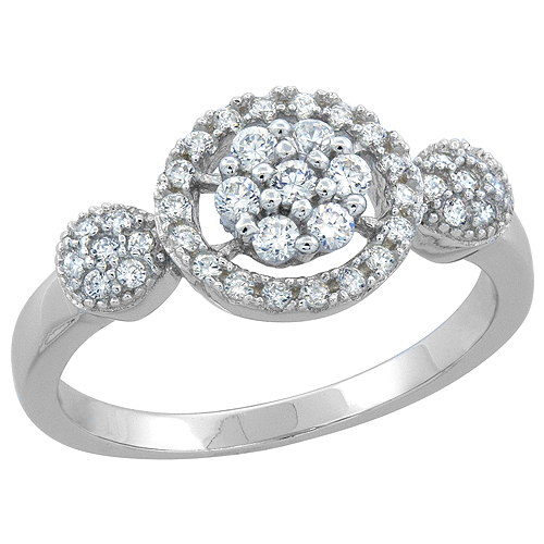 STERLING SILVER MICRO PAVE CZ FLOWER RING, 3/8 INCH WIDE, SIZES 6 - 9