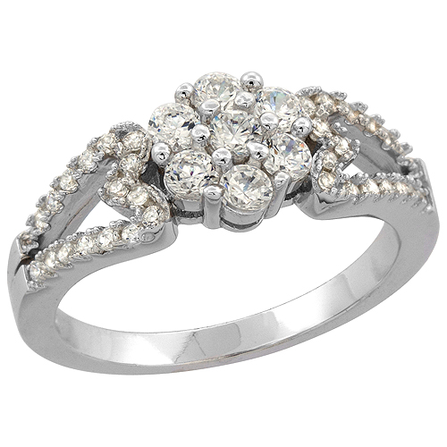 STERLING SILVER MICRO PAVE CZ FLORAL RING, 5/16 INCH WIDE, SIZES 6 - 9