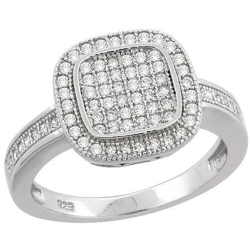 STERLING SILVER MICRO PAVE CZ SQUARE RING ART DECO, 1/2 INCH WIDE, SIZES 6 - 9