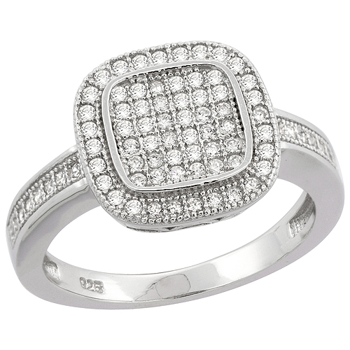 Sterling Silver Micro Pave CZ Square Ring Art Deco, 1/2 inch wide, sizes 6 - 9