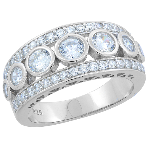 STERLING SILVER ROUND CZ BEZEL-SET WEDDING BAND RING RHODIUM FINISH, 3/8 INCH WIDE, SIZES 6 - 9