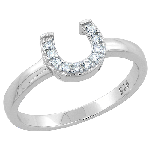 STERLING SILVER CZ HORSESHOE RING RHODIUM FINISH, 5/16 INCH WIDE, SIZES 6 - 9