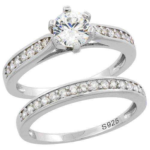 STERLING SILVER ROUND CZ 2-PIECE ENGAGEMET RING SET RHODIUM FINISH, 11/32 INCH WIDE, SIZES 6 - 9