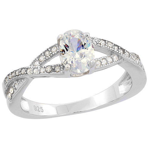 STERLING SILVER OVAL CZ TWISTED RING RHODIUM FINISH, 1/4 INCH WIDE, SIZES 6 - 9