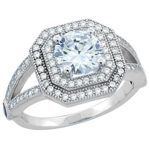 STERLING SILVER ROUND ART DECO RING CZ ACCENTS RHODIUM FINISH, 1/2 INCH WIDE, SIZES 6 - 9