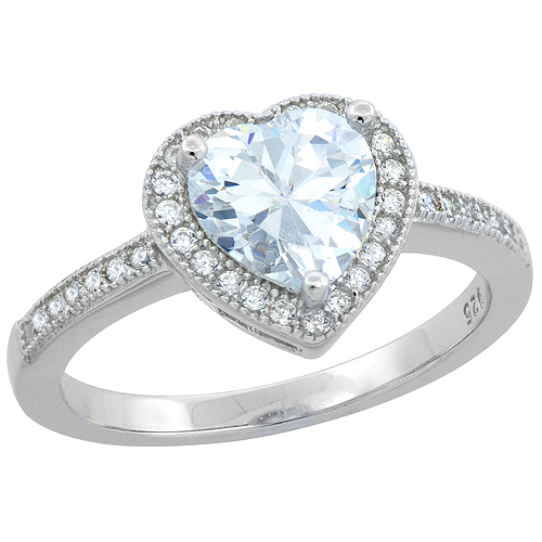 STERLING SILVER HALO CZ HEART RING RHODIUM FINISH, 3/8 INCH WIDE, SIZES 6 - 9