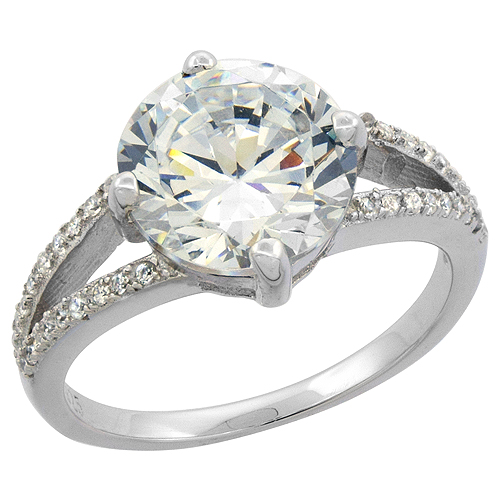 STERLING SILVER ROUND CZ ENGAGEMENT RING RHODIUM FINISH, 7/16 INCH WIDE, SIZES 6 - 9