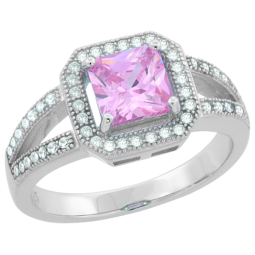 STERLING SILVER PRINCESS CUT PINK TOPAZ RING CZ ACCENTS RHODIUM FINISH, 13/32 INCH WIDE, SIZES 6 - 9