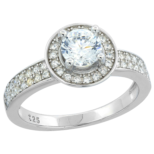 STERLING SILVER ROUND CZ ART DECO RING RHODIUM FINISH, 3/8 INCH WIDE, SIZES 6 - 9