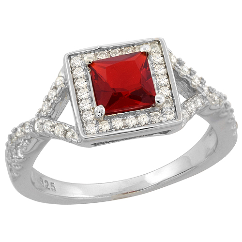 STERLING SILVER PRINCESS CUT GARNET RING CZ ACCENTS RHODIUM FINISH, 3/8 INCH WIDE, SIZES 6 - 9