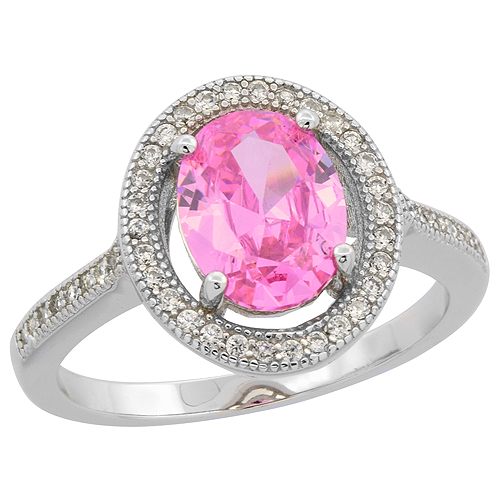 Sterling Silver Oval Pink Topaz Ring Halo CZ Rhodium Finish, 17/32 inch wide, sizes 6 - 9