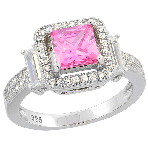 STERLING SILVER PRINCESS CUT PINK TOPAZ RING CZ ACCENTS RHODIUM FINISH, 7/16 INCH WIDE, SIZES 6 - 9