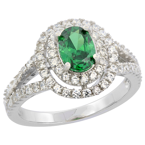 STERLING SILVER OVAL PERIDOT RING DOUBLE HALO CZ RHODIUM FINISH, 1/2 INCH WIDE, SIZES 6 - 9
