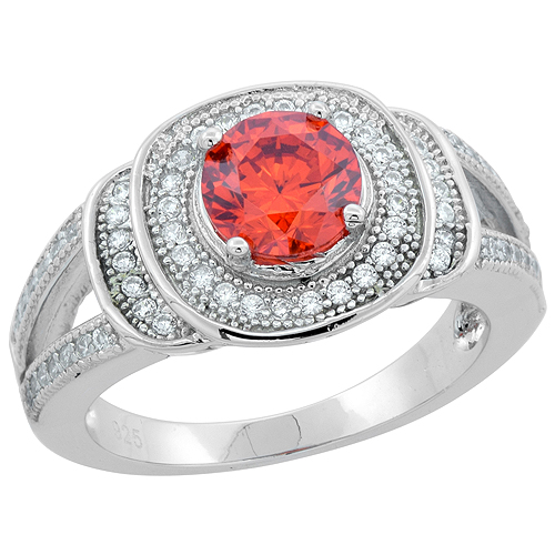 Sterling Silver Round Red Orange Sapphire Ring CZ Accents Rhodium Finish, 15/32 inch wide, sizes 6 - 9
