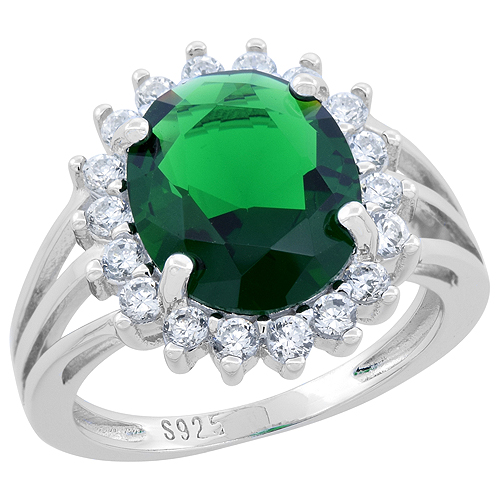 Sterling Silver Oval Emerald Ring Sunburst CZ Rhodium Finish, 11/16 inch wide, sizes 6 - 9