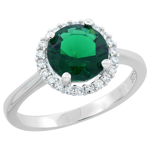 STERLING SILVER ROUND EMERALD RING HALO CZ RHODIUM FINISH, 7/16 INCH WIDE, SIZES 6 - 9