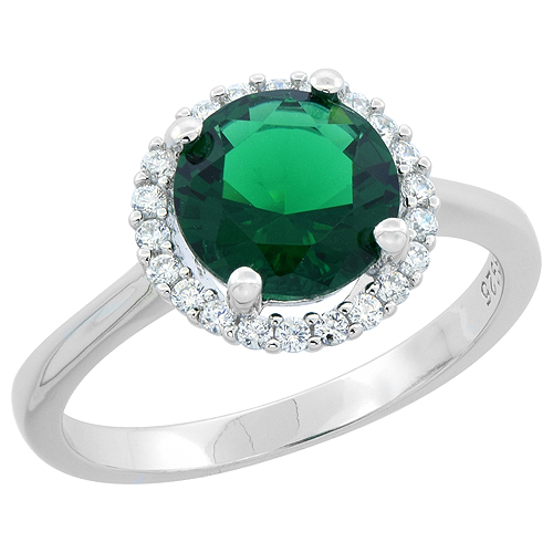 Sterling Silver Round Emerald Ring Halo CZ Rhodium Finish, 7/16 inch wide, sizes 6 - 9