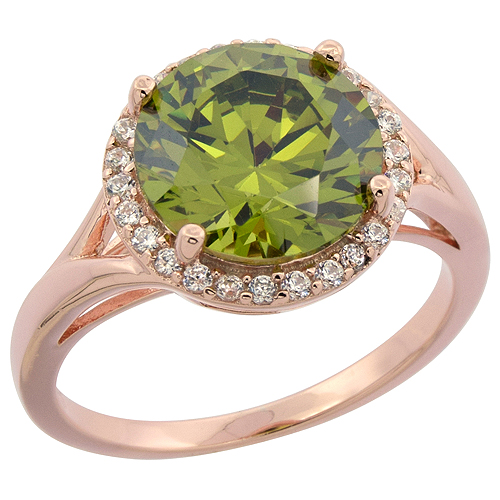 STERLING SILVER ROUND PERIDOT RING HALO CZ ROSE GOLD FINISH, 1/2 INCH WIDE, SIZES 6 - 9