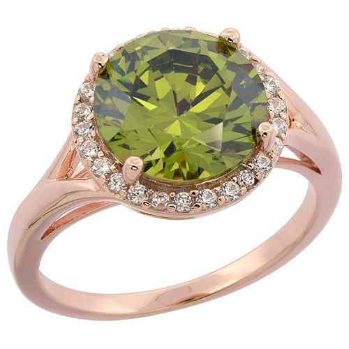 Sterling Silver Round Peridot Ring Halo CZ Rose Gold Finish, 1/2 inch wide, sizes 6 - 9