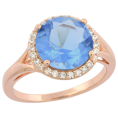 Sterling Silver Round Blue Topaz Ring Halo CZ Rose Gold Finish, 1/2 inch wide, sizes 6 - 9