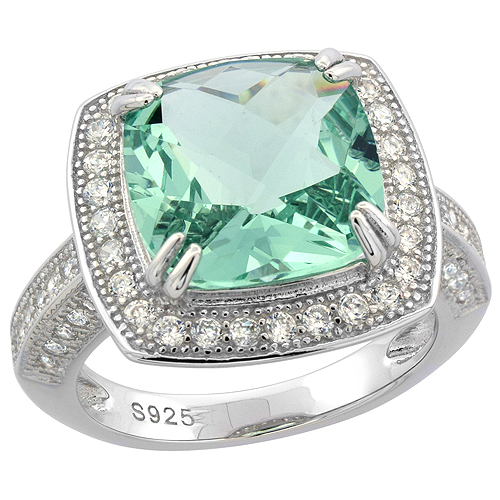 Sterling Silver Cushion Green Amethyst Ring CZ Accents Rhodium Finish, 21/32 inch wide, sizes 6 - 9