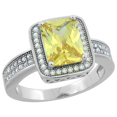 STERLING SILVER EMERALD-CUT CITRINE RING CZ ACCENTS RHODIUM FINISH, 1/2 INCH WIDE, SIZES 6 - 9