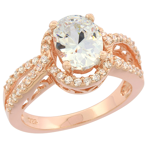 STERLING SILVER OVAL CZ RING 2-ROW SHANK ROSE GOLD FINISH, 15/32 INCH WIDE, SIZES 6 - 9