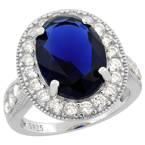 STERLING SILVER LARGE OVAL CREATED BLUE SAPPHIRE RING CZ ACCENTS RHODIUM FINISH, 3/4 INCH WIDE, SIZE 6-9