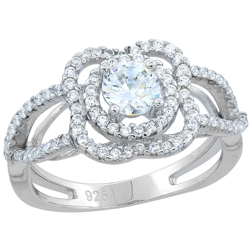 STERLING SILVER ROUND CZ ART DECO RING RHODIUM FINISH, 7/16 INCH WIDE, SIZES 6 - 9