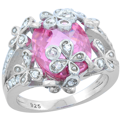 Sterling Silver Oval Pink Topaz Ring with Flowers CZ Accents Rhodium Finish, 5/8 inch wide, sizes 6 - 9