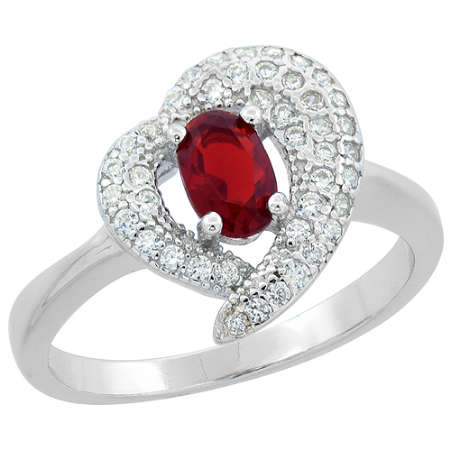STERLING SILVER OVAL GARNET HEART RING CZ ACCENTS RHODIUM FINISH, 7/16 INCH WIDE, SIZES 6 - 9