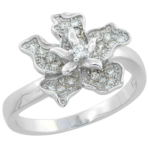 STERLING SILVER CZ ORCHID RING RHODIUM FINISH, 9/16 INCH WIDE, SIZES 6 - 9