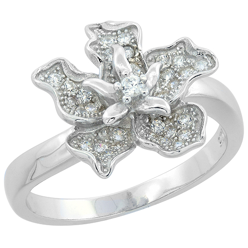 Sterling Silver CZ Orchid Ring Rhodium Finish, 9/16 inch wide, sizes 6 - 9