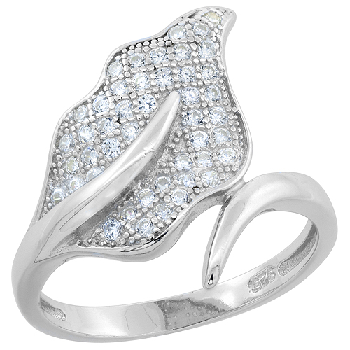 STERLING SILVER MICRO PAVE CZ LEAF RING RHODIUM FINISH, 5/8 INCH LONG, SIZES 6 - 9
