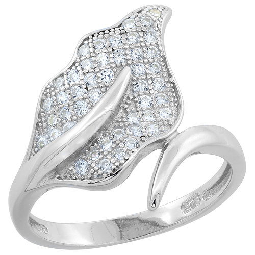 Sterling Silver Micro Pave CZ Leaf Ring Rhodium Finish, 5/8 inch long, sizes 6 - 9