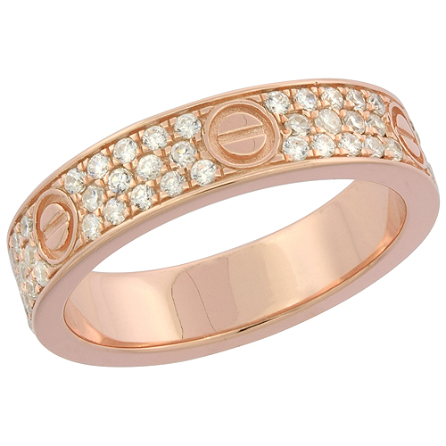 Sterling Silver Screw Design Wedding Band Ring Micro Pave CZ Accents Rose Gold Finish, 3/16 inch wide, sizes 6 - 9