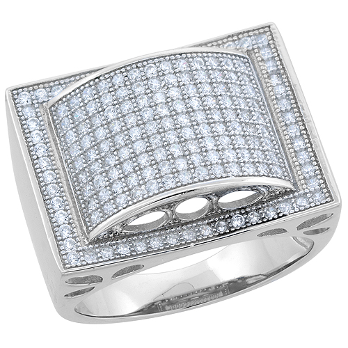 STERLING SILVER MICRO PAVE CZ RECTANGULAR RING RHODIUM FINISH, 27/32 INCH WIDE, SIZES 6 - 9