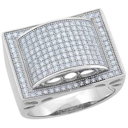 Sterling Silver Micro Pave CZ Rectangular Ring Rhodium Finish, 27/32 inch wide, sizes 6 - 9